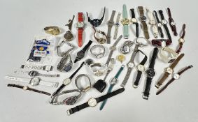 A TRAY CONTAINING AN EXTENSIVE GROUP OF ASSORTED WRIST WATCHES TO INCLUDE DESIGNER BRANDED EXAMPLES.