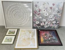 A GROUP OF MODERN ART WORKS TO INCLUDE A DESIGNER STONE WORK EXAMPLE AND A HAND CRAFTED BEAD WORK