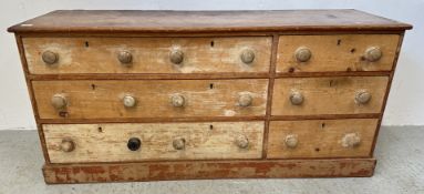 ANTIQUE VICTORIAN PINE FARMHOUSE CHEST OF DRAWERS (3 LONG BY 3 SHORT) (W 155CM X D 47CM X H 71CM).