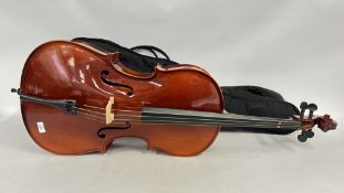 AN INTERMUSIC STUDENT CELLO IN PROTECTIVE CARRY CASE.
