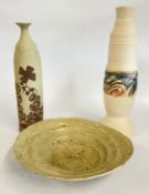 TWO STUDIO POTTERY VASES, UNSIGNED + A FURTHER STUDIO POTTERY DISH.