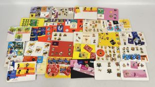 A BOX CONTAINING A COLLECTION OF ASSORTED MODERN AND VINTAGE ENAMEL BADGES DISPLAYED ON CARD TO