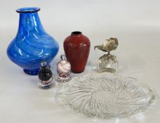 A GROUP OF ART GLASS TO INCLUDE SCENT BOTTLES, VASE AND DISH.