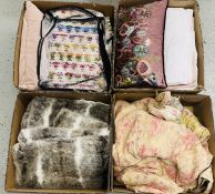 A BOX OF HOUSEHOLD LINEN + A HAND CRAFTED PATCHWORK BEDSPREAD / THROW.