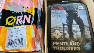 20 AS NEW PAIRS OF ASSORTED SAFETY WORK TROUSERS, VARIOUS SIZES INCLUDING ORN, BLACK ROCK.