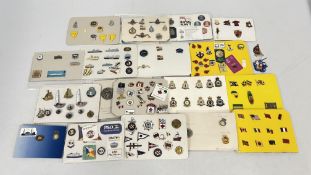 A BOX CONTAINING A COLLECTION OF ASSORTED MODERN AND VINTAGE ENAMEL BADGES DISPLAYED ON CARD TO