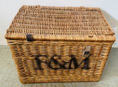 A F & M WICKER HAMPER BASKET, 57.5 X 39 X H 40.5CM.