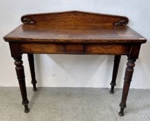ANTIQUE OAK HALL TABLE WITH HIGH BACK AND SCROLL CARVINGS WITH TWO DRAWERS, W 105.