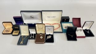 A GROUP OF ASSORTED BOXED JEWELLERY TO INCLUDE SILVER EARRINGS, PENDANTS, MACKINTOSH STYLE CLIP.