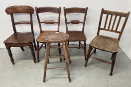 ANTIQUE FARMHOUSE STOOL ALONG WITH 4 VARIOUS ANTIQUE CHAIRS.