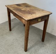 ANTIQUE WAXED PINE KITCHEN FARMHOUSE TABLE WITH SINGLE DRAWER, W 106CM X D 66CM.