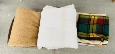 THREE BOXES OF ASSORTED VINTAGE BLANKETS AND TWO COTTON BEDSPREAD / THROWS.
