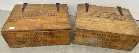 TWO VINTAGE HINGED TOP PONGASE ESTE LADO ARRIBA CHAMPAGNE CRATES, EACH 54CM X 41CM X 21CM.