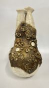 A HAND MADE STUDIO POTTERY BRUTALIST VASE CRACKLE GLAZED FINISH WITH AN APPLIED TEXTURED METALLIC