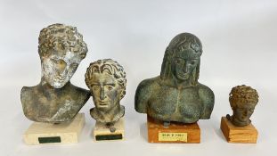 A GROUP OF 4 MUSEUM COPY GREEK BUSTS WITH SEALS ATTACHED.