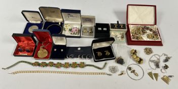 A GROUP OF ASSORTED COSTUME JEWELLERY, CUFF LINKS, PAIR OF ENAMEL OWL EARRINGS, ETC.
