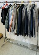 A QUANTITY OF GENTS CLOTHING TO INCLUDE DESIGNER BRANDS, SUITS, SHIRTS, BOSS, G STAR ETC, TROUSERS,