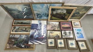 AN EXTENSIVE GROUP OF FRAMED RAILWAY RELATED PICTURES, PRINTS, ORIGINAL WORK ALONG WITH NEEDLEWORKS,