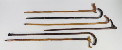 A GROUP OF 6 ASSORTED WALKING STICKS TO INCLUDE NATURAL WOOD EXAMPLES.