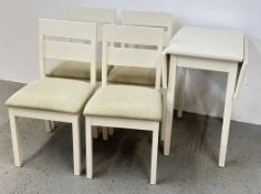 MODERN WHITE FINISH DROP SIDE KITCHEN TABLE AND SET OF FOUR MATCHING CHAIRS.