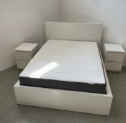 AN IKEA WHITE FINISH DOUBLE BED FRAME WITH 4 DRAWER BASE AND DOUBLE MATTRESS + PAIR OF MATCHING 2