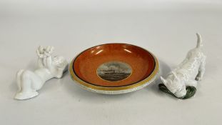 TWO PIECES OF ROYAL COPENHAGEN TO INCLUDE A TERRIER WITH SHOE AND A DISH MARKED SS HERMOD + BING &