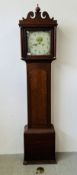 ANTIQUE OAK CASE LONG CASE CLOCK, HAND PAINTED DIAL, 8 DAY MOVEMENT. NO WEIGHTS, PENDULUM A/F.