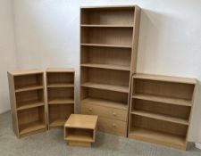 TWO MODERN LIGHT WOOD GRAIN EFFECT FINISH BOOKSHELF, A SMALL BOOKSHELF,