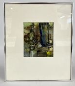 A FRAMED AND MOUNTED ABSTRACT WATERCOLOUR TITLED 