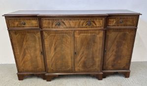 A REPRODUCTION MAHOGANY 3 DRAWER 4 DOOR SIDEBOARD, W 155CM.