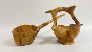TWO HAND CRAFTED INDONESIAN HARDWOOD VESSELS.