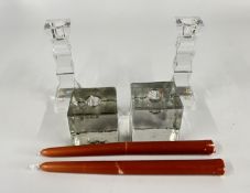 A MATCHED PAIR OF HEAVY ART GLASS CANDLESTICKS + A FURTHER PAIR OF ORREFORS EXAMPLES.