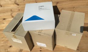 SIX BOXED AS NEW BILTON BLUE METAL COOLIE STYLE PENDANT LIGHTS.
