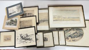 A GROUP OF VINTAGE FRAMED AND MOUNTED BLACK AND WHITE / COLOURED ETCHINGS TO INCLUDE LOCAL INTEREST
