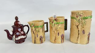 A SET OF 3 GRADUATED SHORTER AND SON JUGS + A GLAZED 
