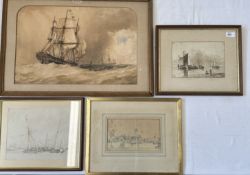 TWO VINTAGE FRAMED AND MOUNTED PEN AND WASH ART WORKS DEPICTING LOCAL FISHING HARBOUR SCENES (ONE