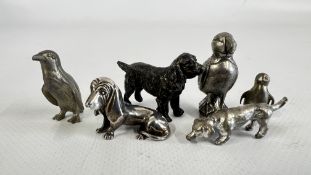 A SILVER DACHSHUND AND OTHER WHITE METAL, PEWTER AND COLD PAINTED DOGS AND BIRDS.