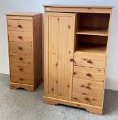 MODERN PINE 1 DOOR NEXT TO 3 DRAWER WARDROBE, PLUS A PINE 6 DRAWER TOWER CHEST,