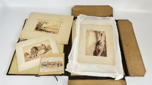 A FOLIO OF ORIGINAL ART WORKS OF LOCAL INTEREST TO INCLUDE A WATERCOLOUR DEPICTING FISHING BOATS IN