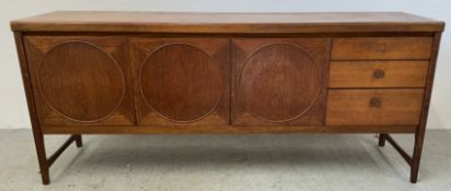 MID CENTURY TEAK SIDEBOARD 3 CUPBOARD DOORS AND 3 DRAWERS, W 183CM X D 45CM X H 78CM.