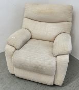 CREAM CORDED UPHOLSTERED ARM CHAIR.