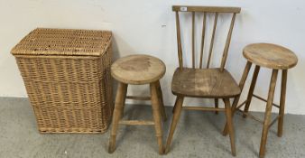 TWO VINTAGE PINE STOOLS, STICK BACK ERCOL CHAIR AND WICKER BASKET.