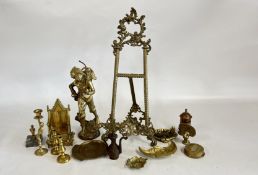 A GROUP OF BRASS WARE INCLUDING LARGE FIGURE OF A BOY WITH BASKET, HEAVY THRONE, DISHES,