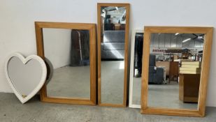 A GROUP OF MODERN MIRRORS TO INCLUDE PINE FRAMED EXAMPLES.