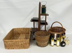 A CARVED HARDWOOD FOLDING CAKE STAND + TWO WICKER BASKETS AND VARIOUS 187ML BOTTLES OF WHITE WINE +