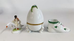 TWO PIECES OF HEREND TO INCLUDE A BOY SEATED ON A GOOSE AND A BABY SHOE + HEREND TRINKET IN THE