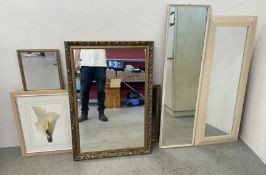 A GROUP OF MODERN FRAMED MIRRORS + TWO PICTURES.