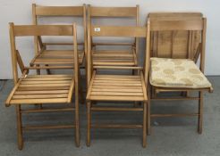 SET OF 5 FOLDING BEECHWOOD CHAIRS AND TWO FOLDING TABLES.