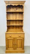 PINE SINGLE DRAWER TWO DRAWER DRESSER WITH THREE TIER UPSTAND, W 76CM X D 45CM X H 198CM.