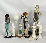 A RESIN MODEL FIGURE OF A LADY WITH DOG IN THE 1920'S STYLE + 4 X FLORENCE SCULPTURES TO INCLUDE
